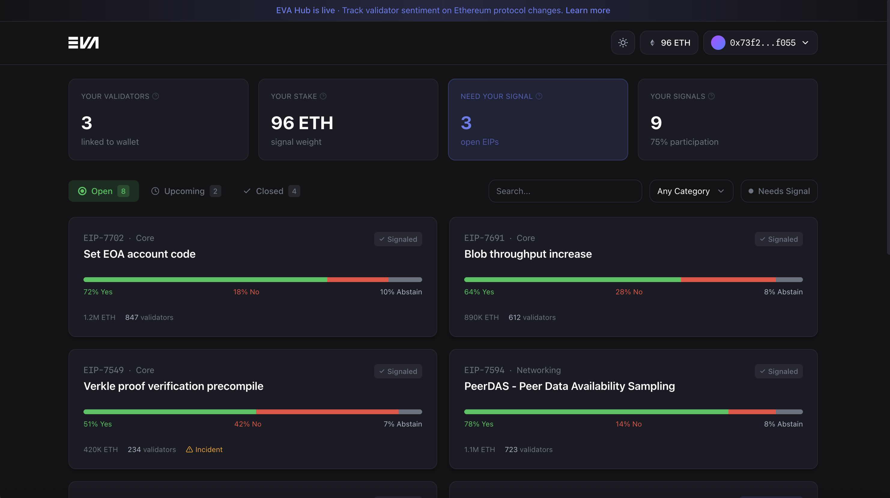 EVA Hub dashboard